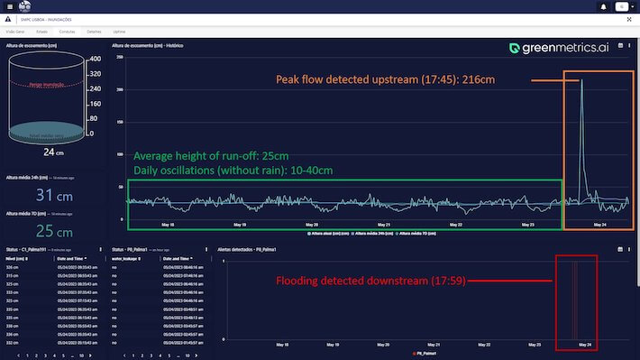 Greenmetrics dashboard showing water flow meters detecting a flood